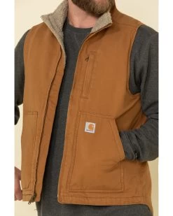 Carhartt Men's Brown Washed Duck Sherpa Lined Mock Neck Work Vest - Tall