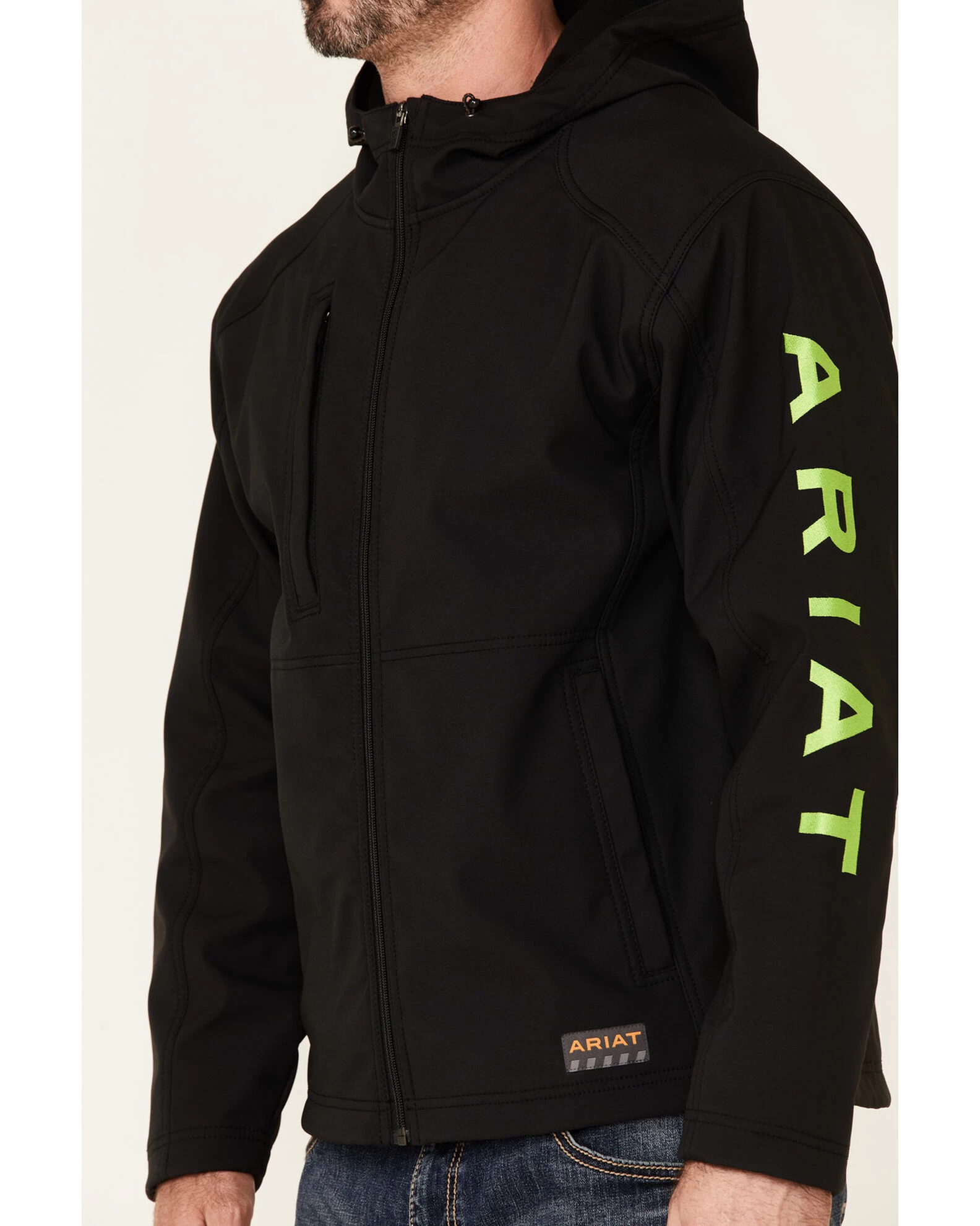 Ariat Men's Black & Lime Rebar Stretch Canvas Softshell Logo Zip-Front Work Jacket 4 Ariat Men's Black & Lime Rebar Stretch Canvas Softshell Logo Zip-Front Work Jacket - Image 4