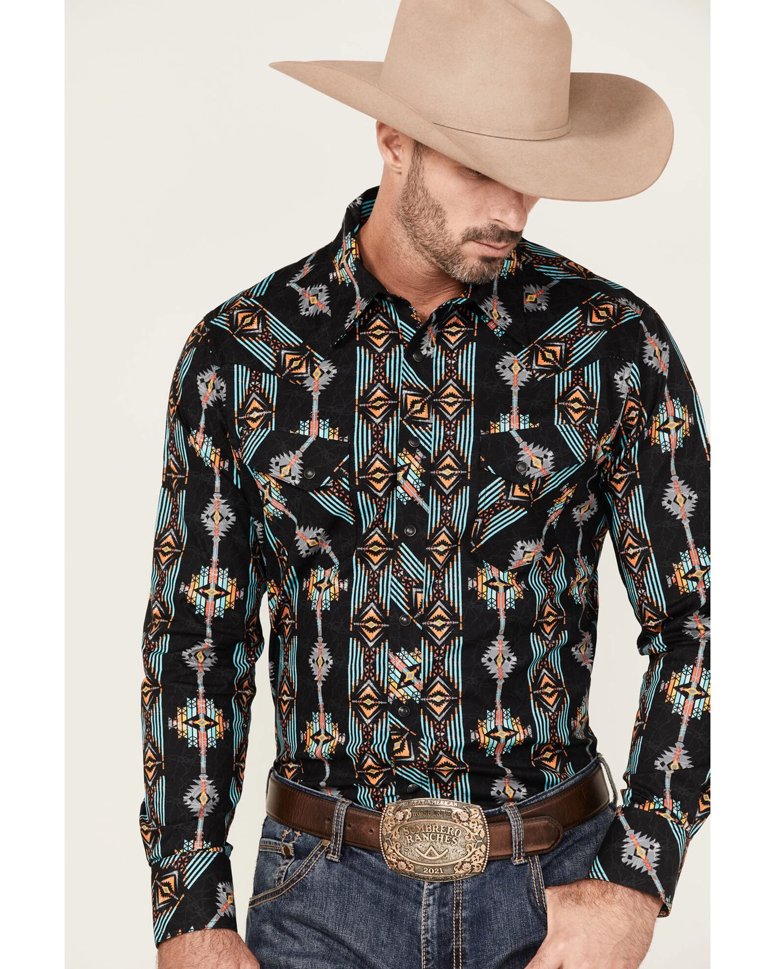 Rock & Roll Denim Men's Vertical Southwestern Print Long Sleeve Snap Western Shirt 2 Rock & Roll Denim Men's Vertical Southwestern Print Long Sleeve Snap Western Shirt - Image 2
