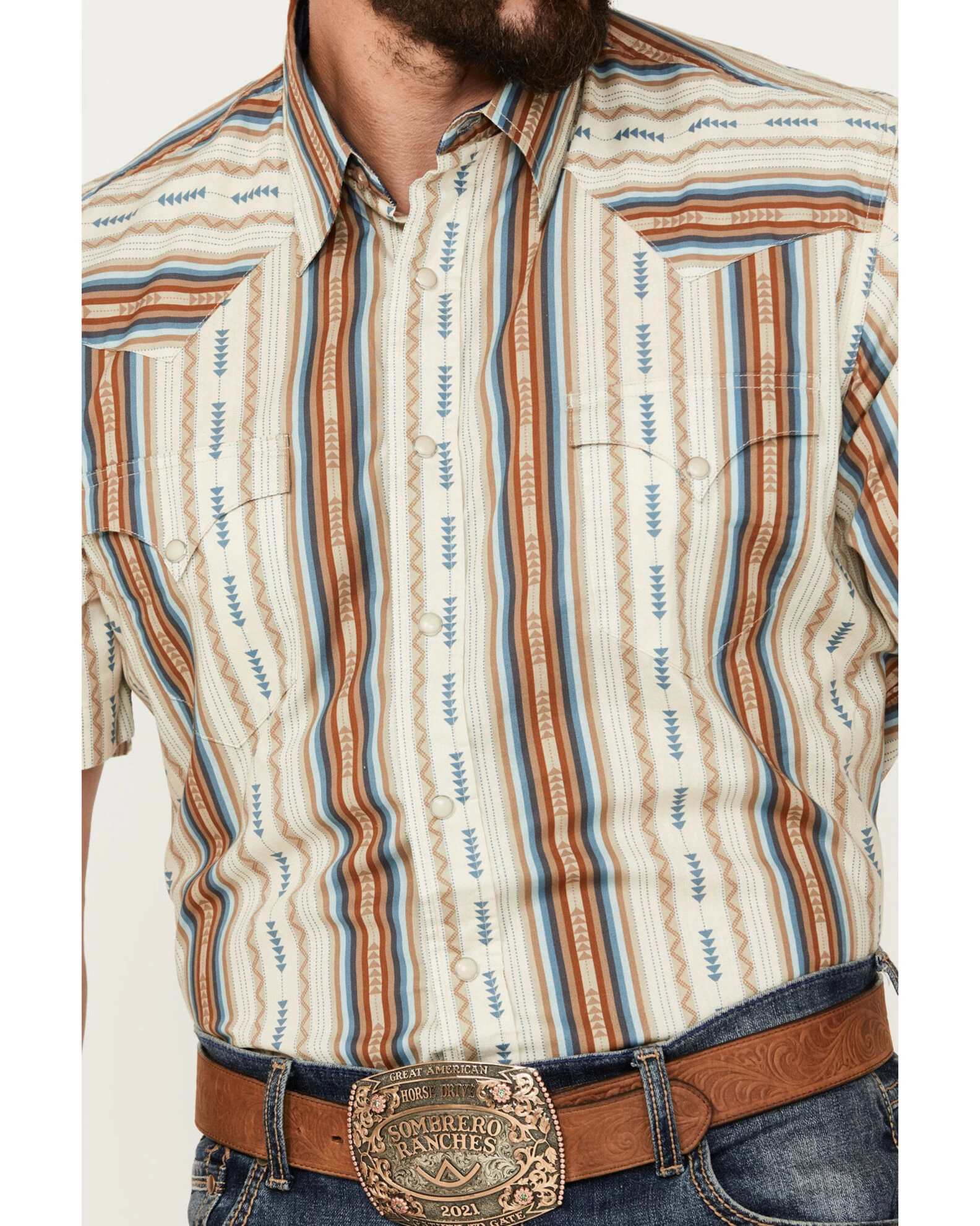 Roper Men's West Made Southwestern Striped Print Short Sleeve Snap Western Shirt 2 Roper Men's West Made Southwestern Striped Print Short Sleeve Snap Western Shirt - Image 2